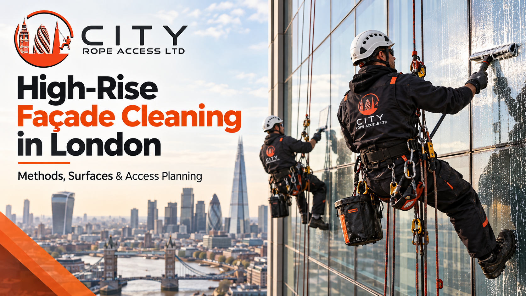 High-rise façade cleaning in London by rope access technicians